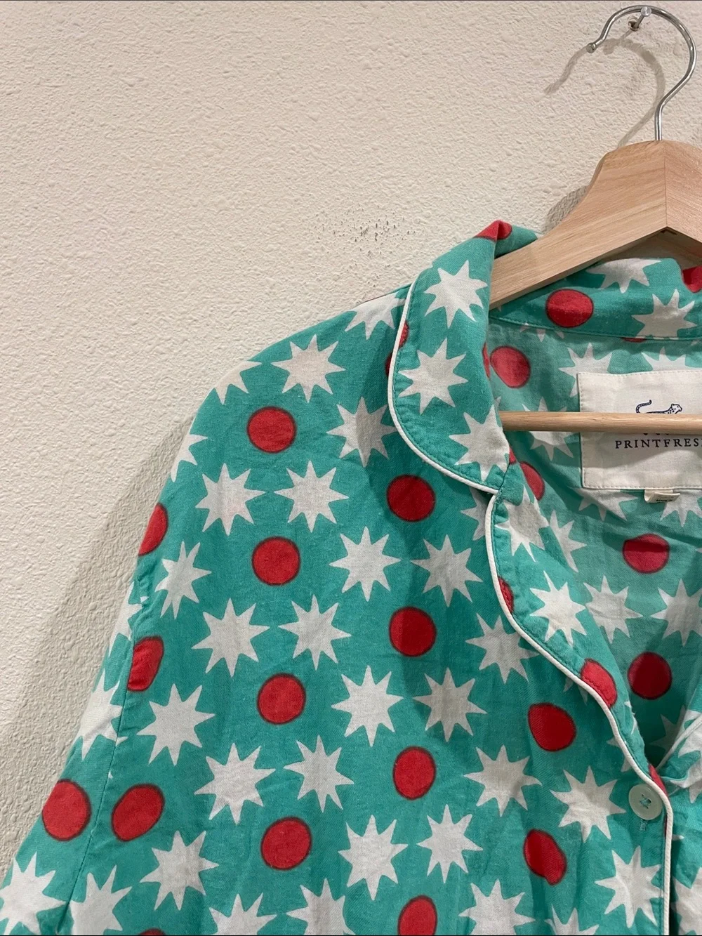 PrintFresh Matching Pajama Set Blue Star & Red Dot Button-Up Shirt Pants XL